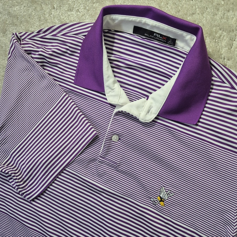 RLX Ralph Lauren Polo Shirt Winged Foot Mens Large Purple Stripe Performance USA